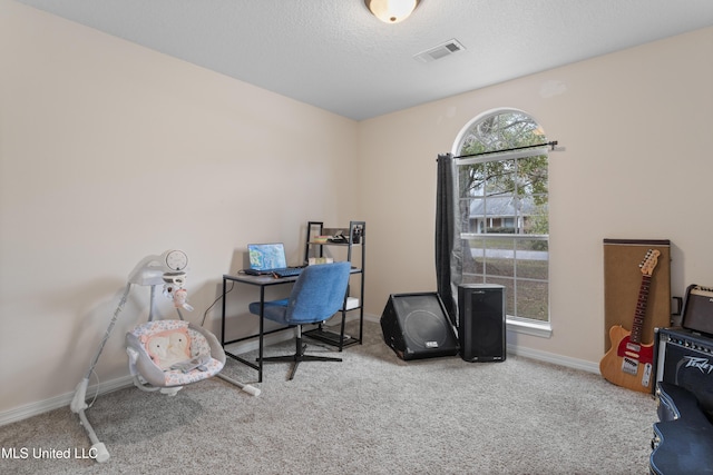 carpeted office featuring a textured ceiling