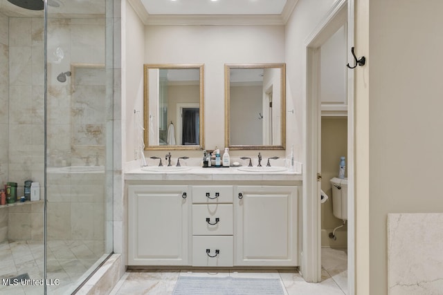 bathroom with a shower with door, toilet, ornamental molding, vanity, and tile patterned flooring