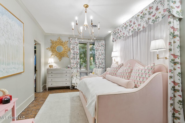 bedroom featuring ornamental molding and a chandelier