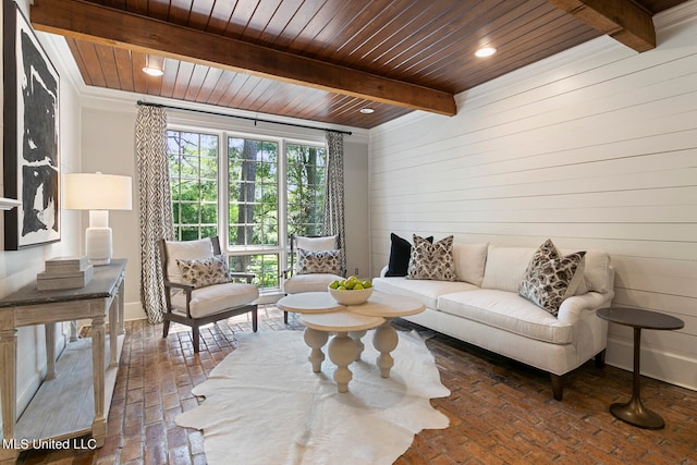 living room featuring beamed ceiling and wood ceiling