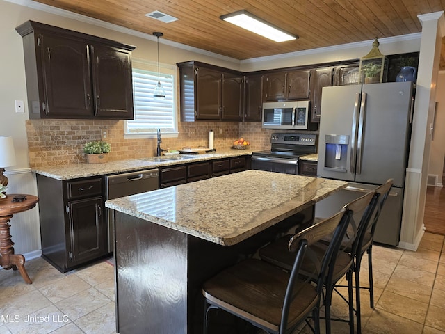 447 Shaker Dr, Senatobia, MS 38668 - kitchen featuring dark brown cabinetry, wooden ceiling, appliances with stainless steel finishes, hanging light fixtures, and a sink