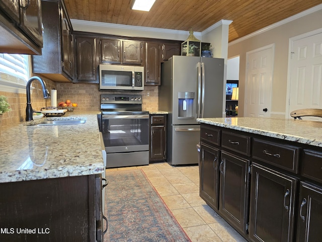 447 Shaker Dr, Senatobia, MS 38668 - kitchen featuring appliances with stainless steel finishes, a sink, wood ceiling, and crown molding