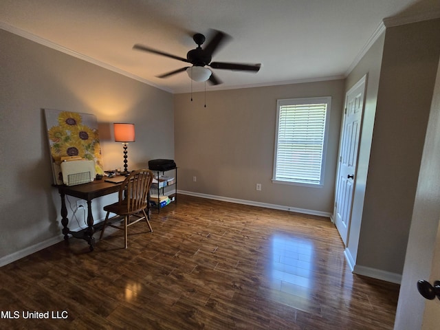 447 Shaker Dr, Senatobia, MS 38668 - office with ornamental molding, dark wood finished floors, and ceiling fan