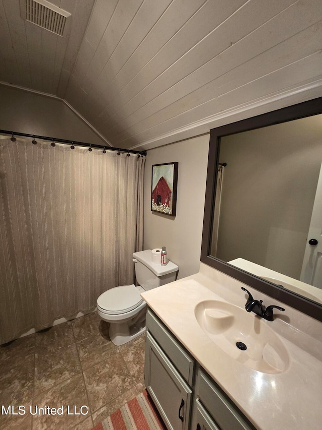 447 Shaker Dr, Senatobia, MS 38668 - full bath with lofted ceiling, toilet, visible vents, vanity, and wood ceiling
