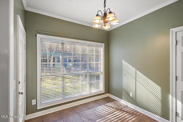 unfurnished dining area with crown molding, tile patterned flooring, and a notable chandelier