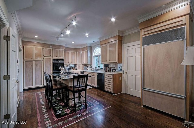 kitchen featuring ornamental molding, black appliances, light brown cabinets, and dark hardwood / wood-style floors