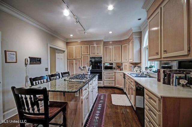 kitchen with track lighting, dark hardwood / wood-style flooring, a kitchen breakfast bar, light brown cabinetry, and black appliances