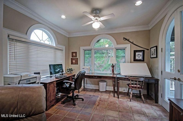 office space with ceiling fan, a healthy amount of sunlight, and ornamental molding