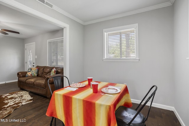 146 Greer Dr, Pearl, MS 39208 - dining area with a ceiling fan, dark wood-style floors, crown molding, and baseboards