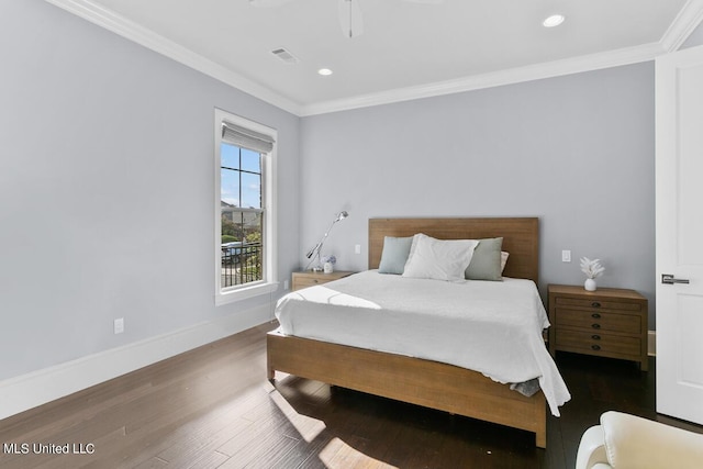 bedroom featuring ceiling fan, crown molding, and hardwood / wood-style floors