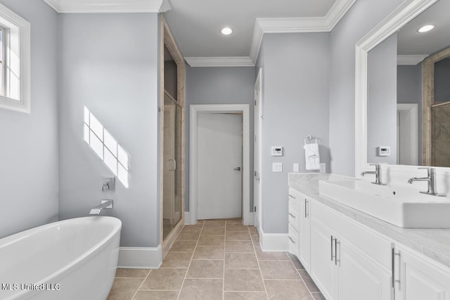 bathroom with separate shower and tub, vanity, tile patterned flooring, and ornamental molding