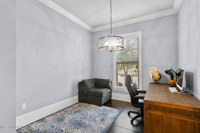 office with a notable chandelier, dark hardwood / wood-style flooring, and crown molding