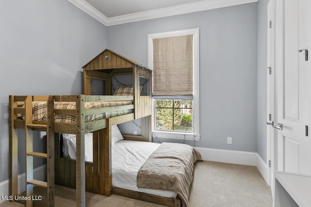 bedroom featuring carpet and crown molding