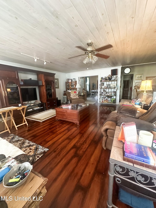 living room with ceiling fan, hardwood / wood-style flooring, and wooden ceiling