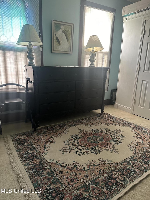 bedroom featuring carpet flooring and multiple windows