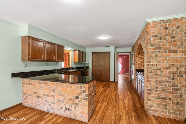 kitchen with a peninsula, ornamental molding, wood finished floors, a sink, and dark countertops