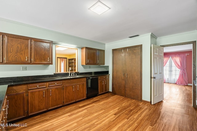 kitchen with dishwasher, a sink, visible vents, and dark countertops