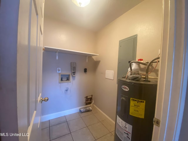 washroom featuring water heater, hookup for a washing machine, electric dryer hookup, and light tile patterned floors