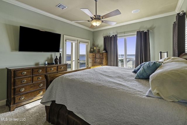 carpeted bedroom with access to outside, multiple windows, and crown molding