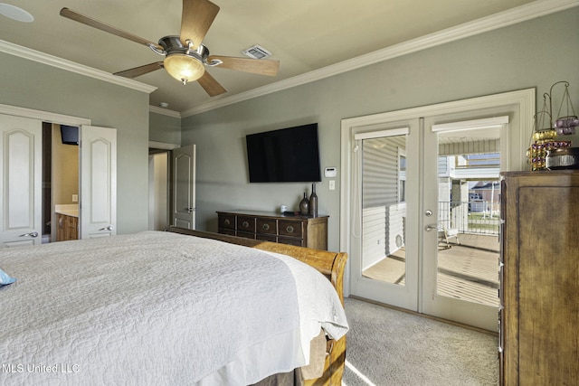 bedroom featuring carpet floors, visible vents, a ceiling fan, ornamental molding, and french doors