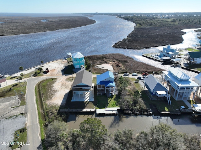 aerial view featuring a water view