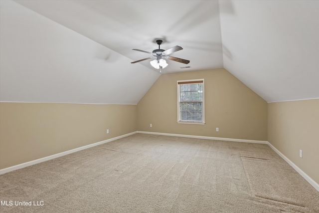 bonus room featuring carpet flooring, ceiling fan, and lofted ceiling