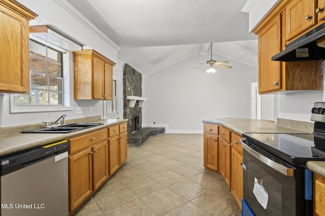 kitchen with sink, stainless steel dishwasher, ceiling fan, electric range, and a fireplace