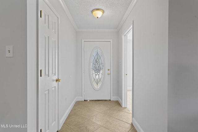 doorway featuring light tile patterned floors, a textured ceiling, and crown molding