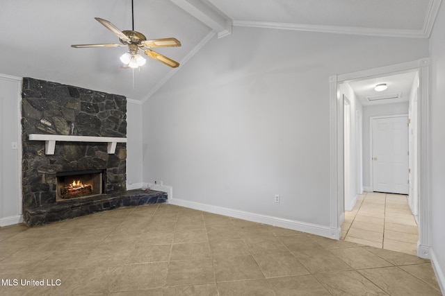 unfurnished living room featuring lofted ceiling with beams, crown molding, ceiling fan, light tile patterned floors, and a fireplace