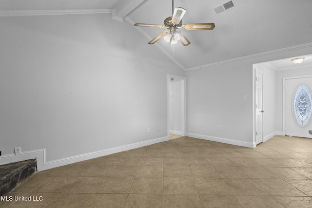 interior space featuring light tile patterned floors, vaulted ceiling with beams, ceiling fan, and crown molding