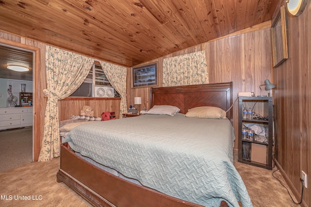 carpeted bedroom featuring wood walls, wooden ceiling, and vaulted ceiling