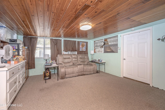 carpeted living room with wood walls and wood ceiling