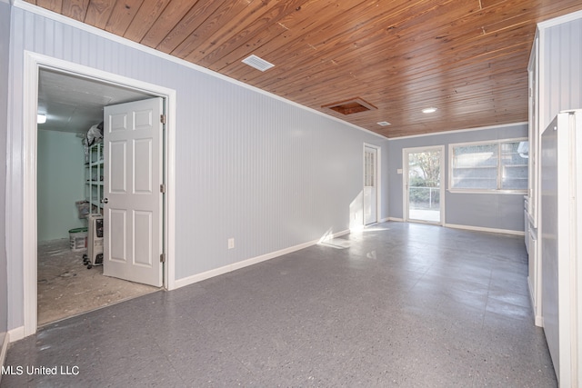 spare room featuring wooden ceiling and crown molding