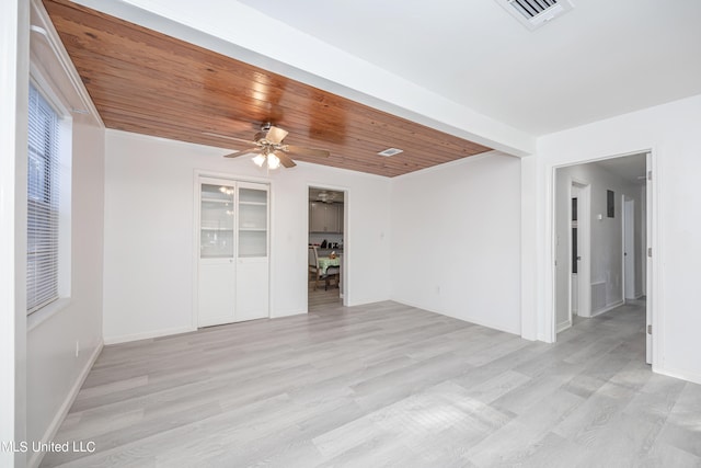 spare room with light wood-type flooring, ceiling fan, and wooden ceiling