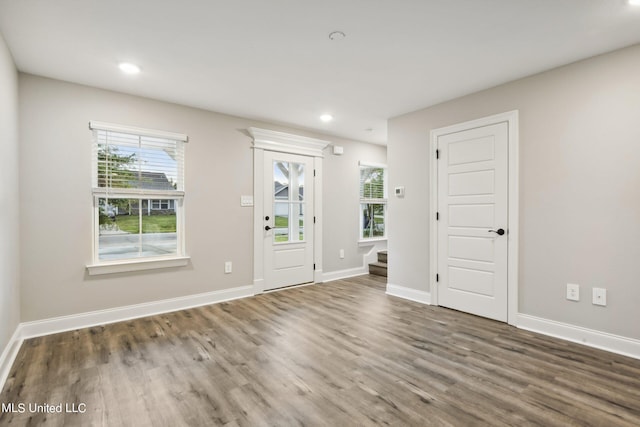 entryway with plenty of natural light and dark hardwood / wood-style flooring