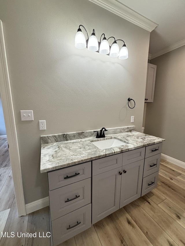 bathroom featuring crown molding, wood-type flooring, and vanity