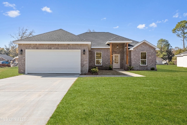 single story home with a front yard and a garage