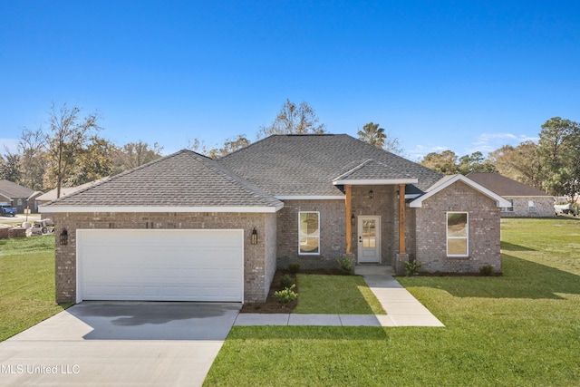 ranch-style house with a front yard and a garage