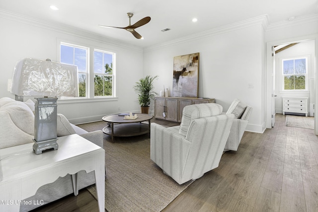 211 Chartres St, Bay Saint Louis, MS 39520 - living room with a ceiling fan, healthy amount of natural light, wood finished floors, baseboards, and crown molding