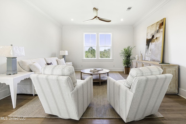 211 Chartres St, Bay Saint Louis, MS 39520 - living area with ceiling fan, dark wood finished floors, ornamental molding, baseboards, and recessed lighting