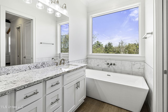 211 Chartres St, Bay Saint Louis, MS 39520 - bathroom featuring vanity, healthy amount of natural light, wood finished floors, and a soaking tub