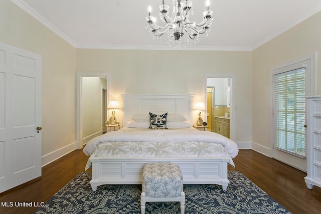 bedroom with an inviting chandelier, crown molding, ensuite bath, and dark wood-type flooring