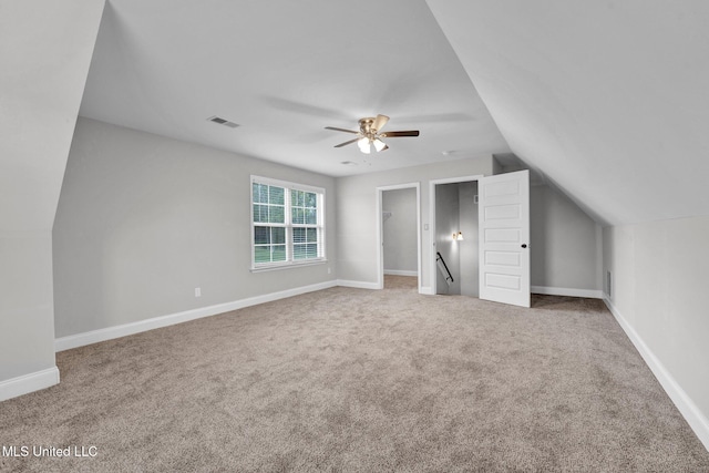 bonus room featuring carpet, ceiling fan, and vaulted ceiling