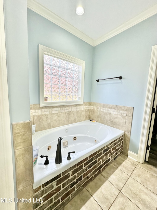 bathroom featuring tile patterned floors, a relaxing tiled tub, and crown molding