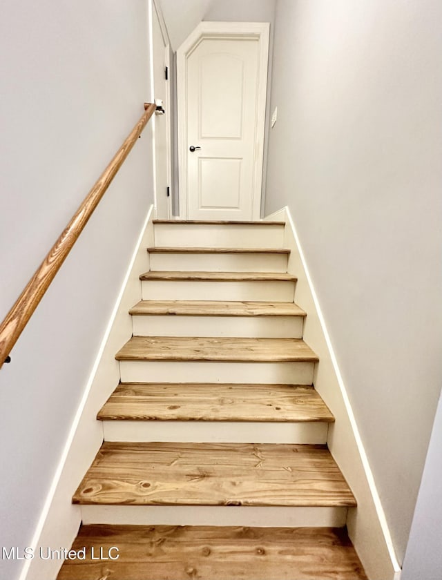 stairway with hardwood / wood-style floors