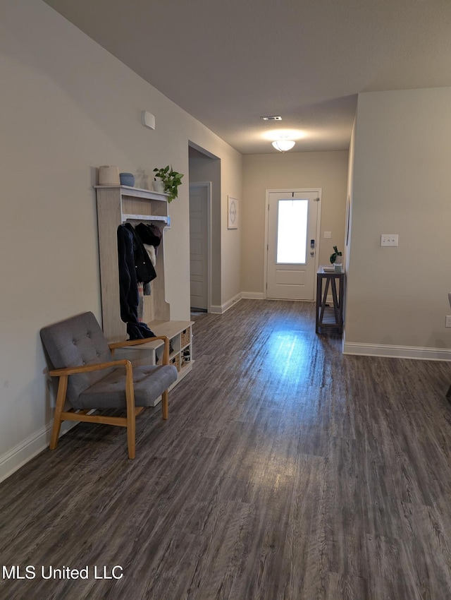 entryway featuring baseboards and dark wood-style flooring