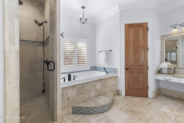 bathroom with vanity, crown molding, shower with separate bathtub, and a notable chandelier