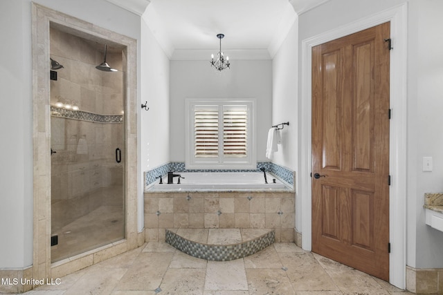 bathroom featuring vanity, ornamental molding, a chandelier, and plus walk in shower