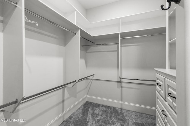 spacious closet featuring dark carpet