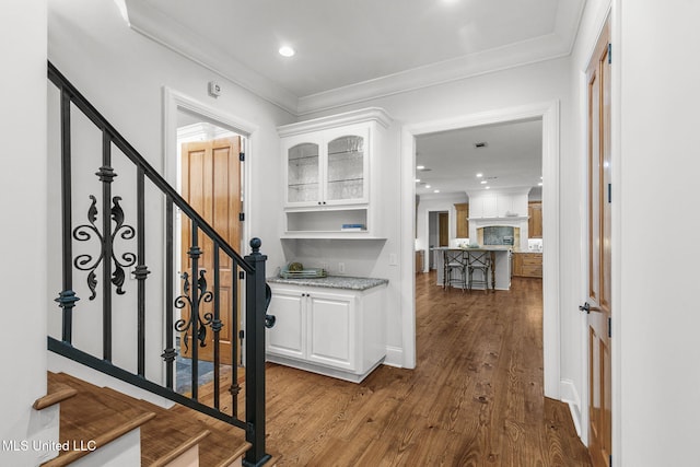 entrance foyer featuring a stone fireplace, crown molding, and dark wood-type flooring